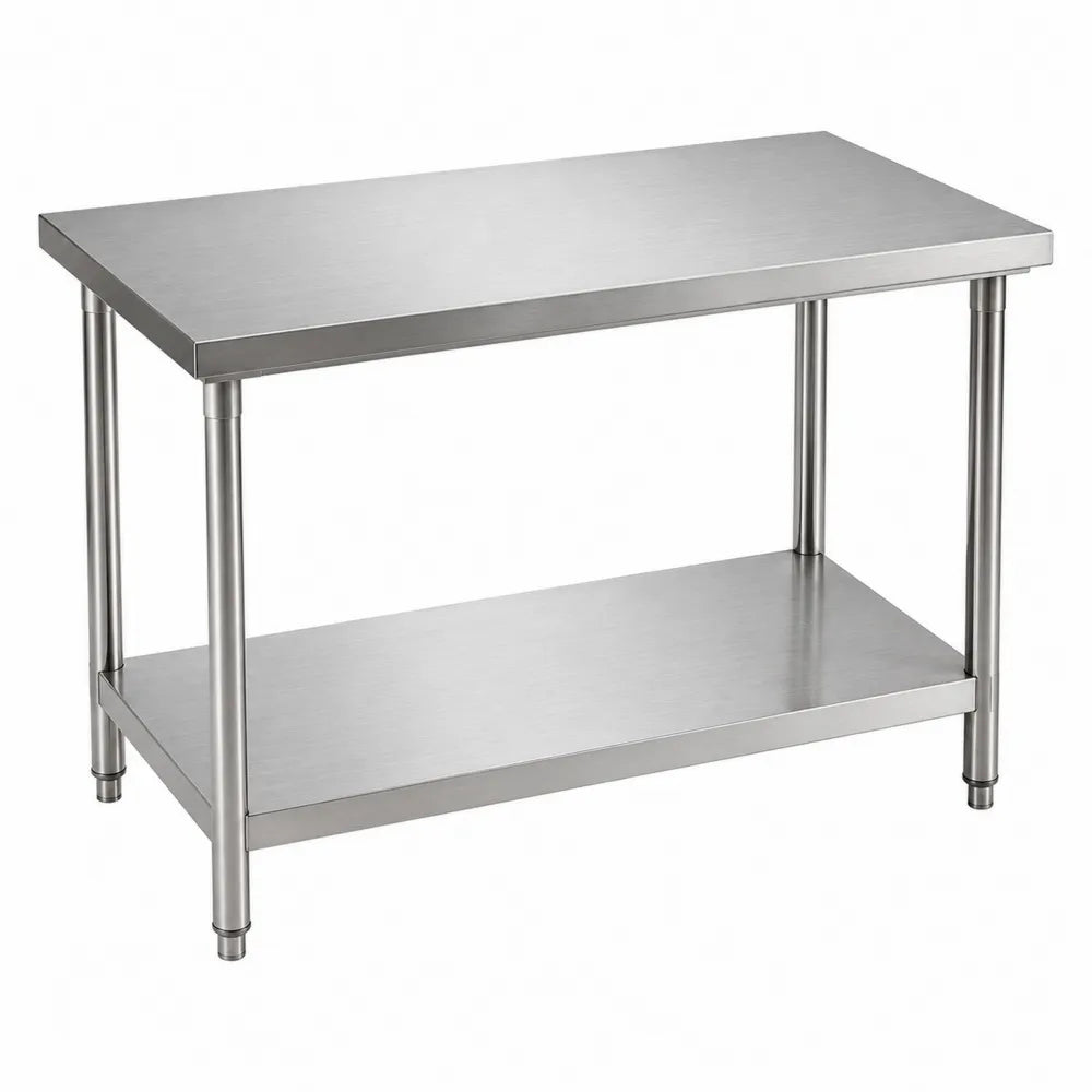 Table de travail rectangulaire en acier inoxydable argent avec étagère inférieure 120 x 60 x 85 cm