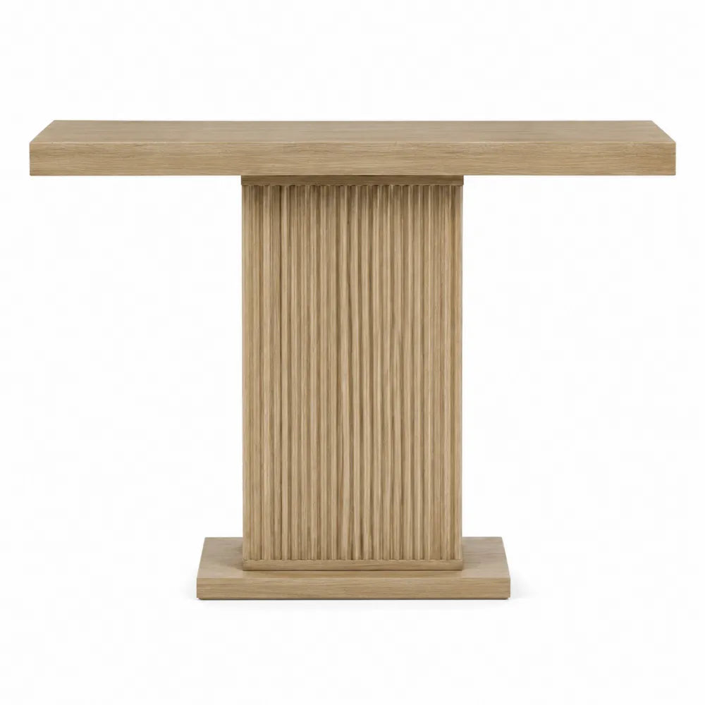 Console rectangulaire MDF plaqué chêne naturel pied central rainuré 120 x 35 x 80 cm