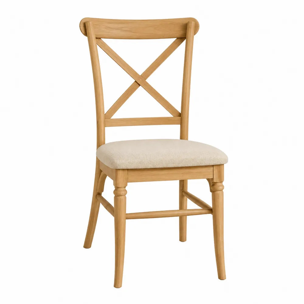 Chaise de salle à manger dossier croisé bois massif naturel assise rembourrée polyester beige 46 cm x 52 cm x 95 cm