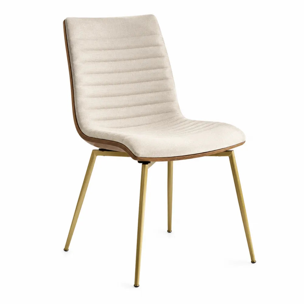 Chaise de salle à manger rembourrée en polyester bouclé écru coque contreplaqué placage noyer pieds acier doré 48 cm x 56 cm x 86 cm
