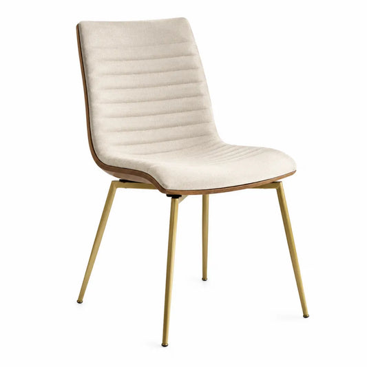 Chaise de salle à manger rembourrée en polyester bouclé écru coque contreplaqué placage noyer pieds acier doré 48 cm x 56 cm x 86 cm