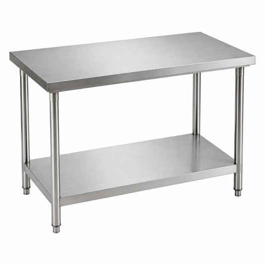 Table de travail rectangulaire en acier inoxydable argent avec étagère inférieure 120 x 60 x 85 cm