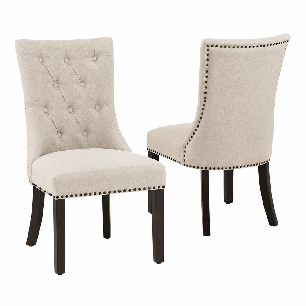 Lot de 2 chaises de salle à manger rembourrées tissu polyester beige pieds en hévéa massif brun foncé 53 cm x 62 cm x 95 cm dossier capitonné