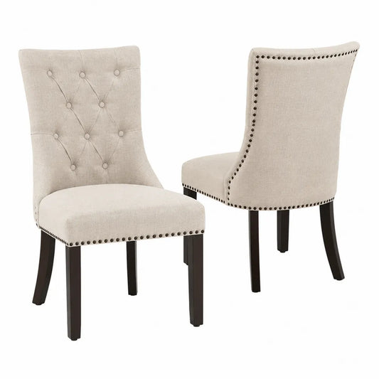 Lot de 2 chaises de salle à manger rembourrées tissu polyester beige pieds en hévéa massif brun foncé 53 cm x 62 cm x 95 cm dossier capitonné