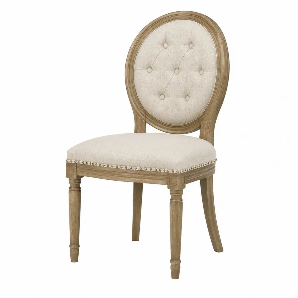 Lot de 2 chaises de salle à manger médaillon rembourrées 52 cm x 60 cm x 101 cm tissu polyester beige bois massif hévéa naturel clous décoratifs laiton vieilli
