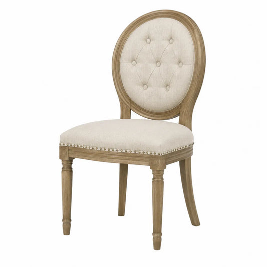 Lot de 2 chaises de salle à manger médaillon rembourrées 52 cm x 60 cm x 101 cm tissu polyester beige bois massif hévéa naturel clous décoratifs laiton vieilli