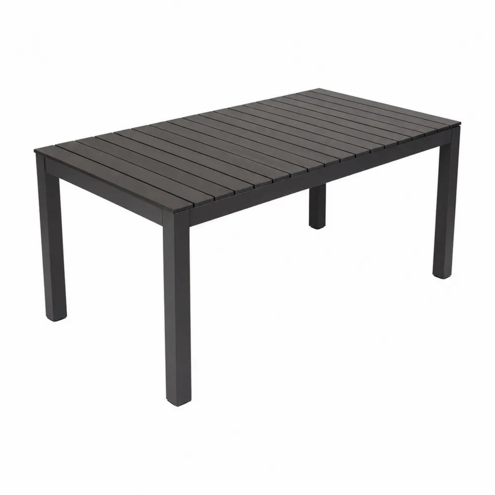 Table d'extérieur rectangulaire en aluminium thermolaqué noir plateau à lattes 150 cm x 90 cm x 74 cm