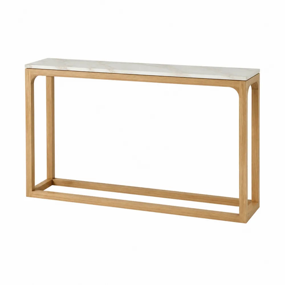 Console rectangulaire plateau effet marbre blanc cadre en hévéa massif chêne naturel 120 x 35 x 80 cm