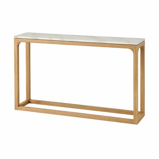 Console rectangulaire plateau effet marbre blanc cadre en hévéa massif chêne naturel 120 x 35 x 80 cm