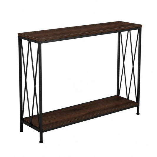 Table console 2 niveaux 120 cm x 30 cm x 80 cm bois effet noyer métal noir structure rectangulaire