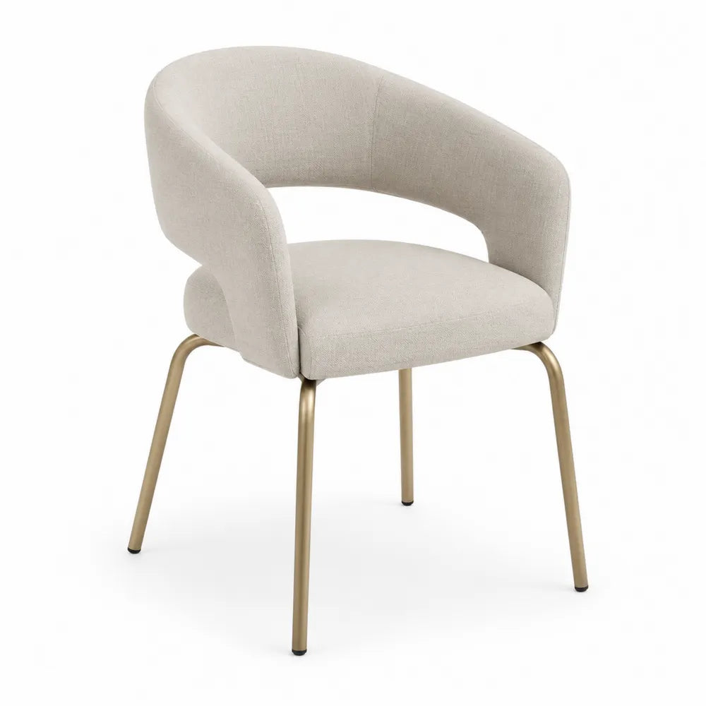 Chaise de salle à manger avec accoudoirs 58 cm x 60 cm x 78 cm tissu polyester écru pieds métal doré assise rembourrée