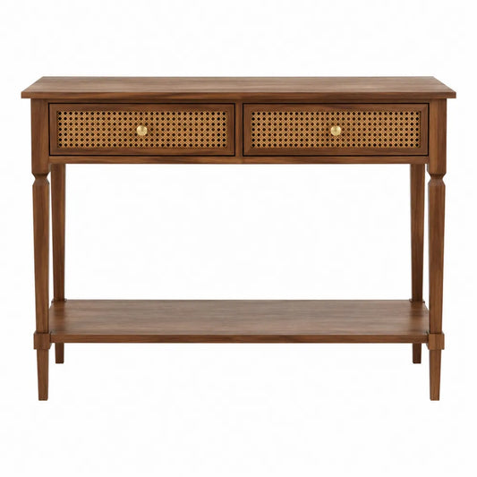 Console rectangulaire 2 tiroirs cannage rotin naturel bois massif hévéa chêne clair 110 x 35 x 80 cm tablette inférieure