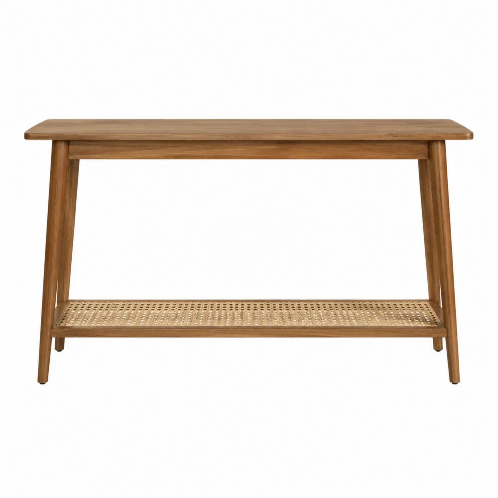 Table console 2 niveaux 120 cm x 35 cm x 80 cm bois effet noyer tablette cannage rotin cadre bois massif