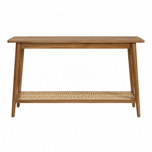 Table console 2 niveaux 120 cm x 35 cm x 80 cm bois effet noyer tablette cannage rotin cadre bois massif