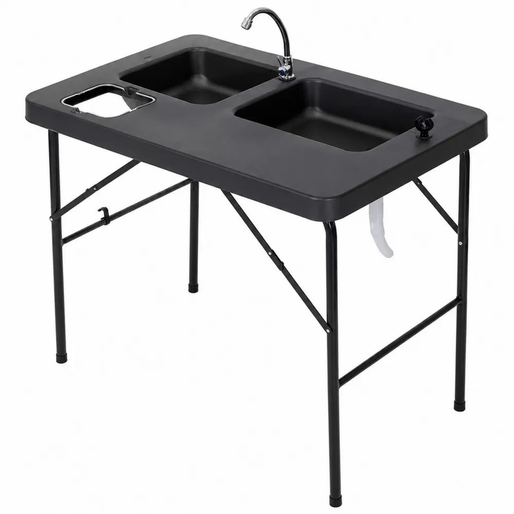 Table d'extérieur pliante avec double bac en PEHD noir avec robinet en acier chromé 105 cm x 60 cm x 85 cm