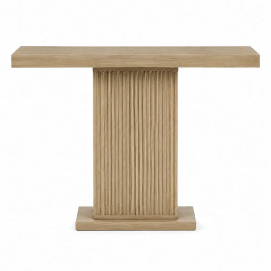 Console rectangulaire MDF plaqué chêne naturel pied central rainuré 120 x 35 x 80 cm