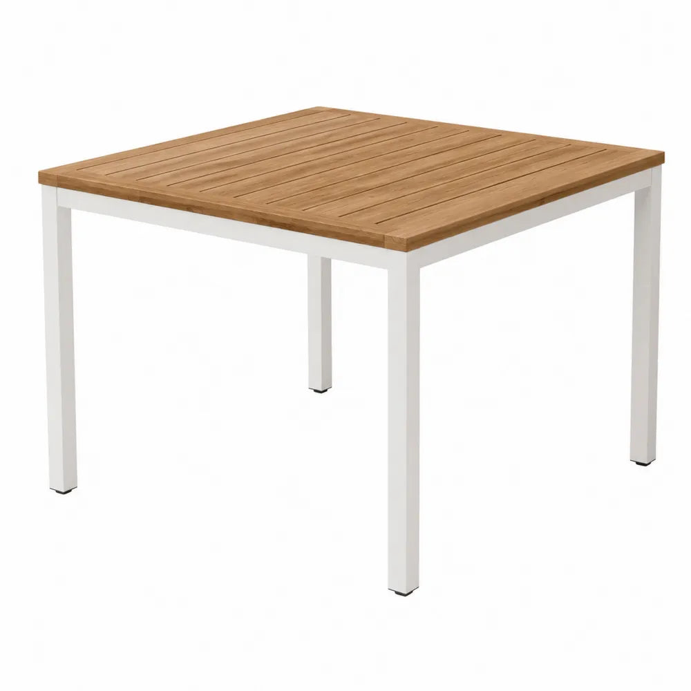 Table de jardin carrée en bois d’acacia et aluminium blanc plateau à lattes 80 cm x 80 cm x 74 cm