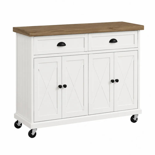 Chariot de cuisine à roulettes MDF blanc plateau bois naturel avec 2 tiroirs 4 portes 120 cm x 48 cm x 90 cm