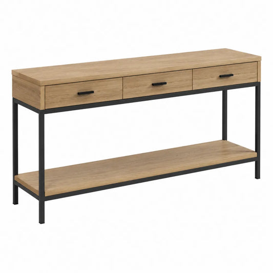 Console rectangulaire 3 tiroirs MDF plaqué chêne cadre acier noir 140 x 35 x 80 cm
